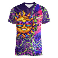 Waimanalo Hawaii Sun Rabbit Women V-Neck T-Shirt Psychedelic Trippy Neon Swirl Graphic