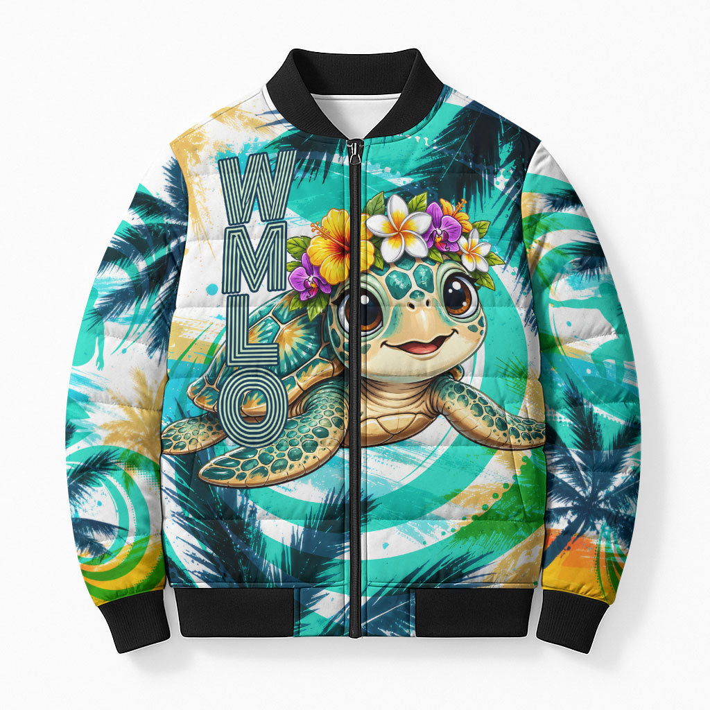 Hawaii Waimanalo Sea Turtle Bomber Puffer Jacket Cute Tropical Beach Aloha Spirit Cartoon