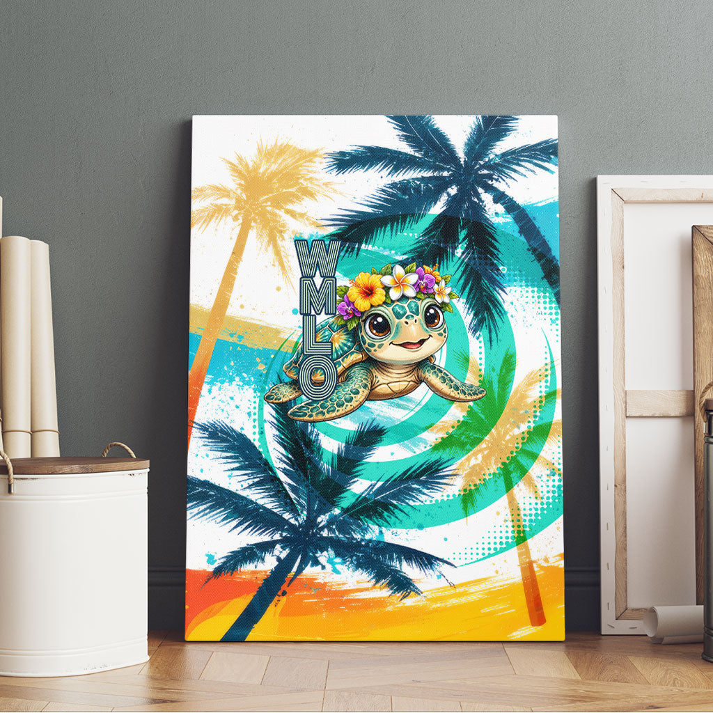 Hawaii Waimanalo Sea Turtle Canvas Wall Art Cute Tropical Beach Aloha Spirit Cartoon