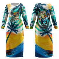 Hawaii Waimanalo Sea Turtle Couples Matching Long Sleeve Bodycon Dress and Long Sleeve Button Shirt Cute Tropical Beach Aloha Spirit Cartoon