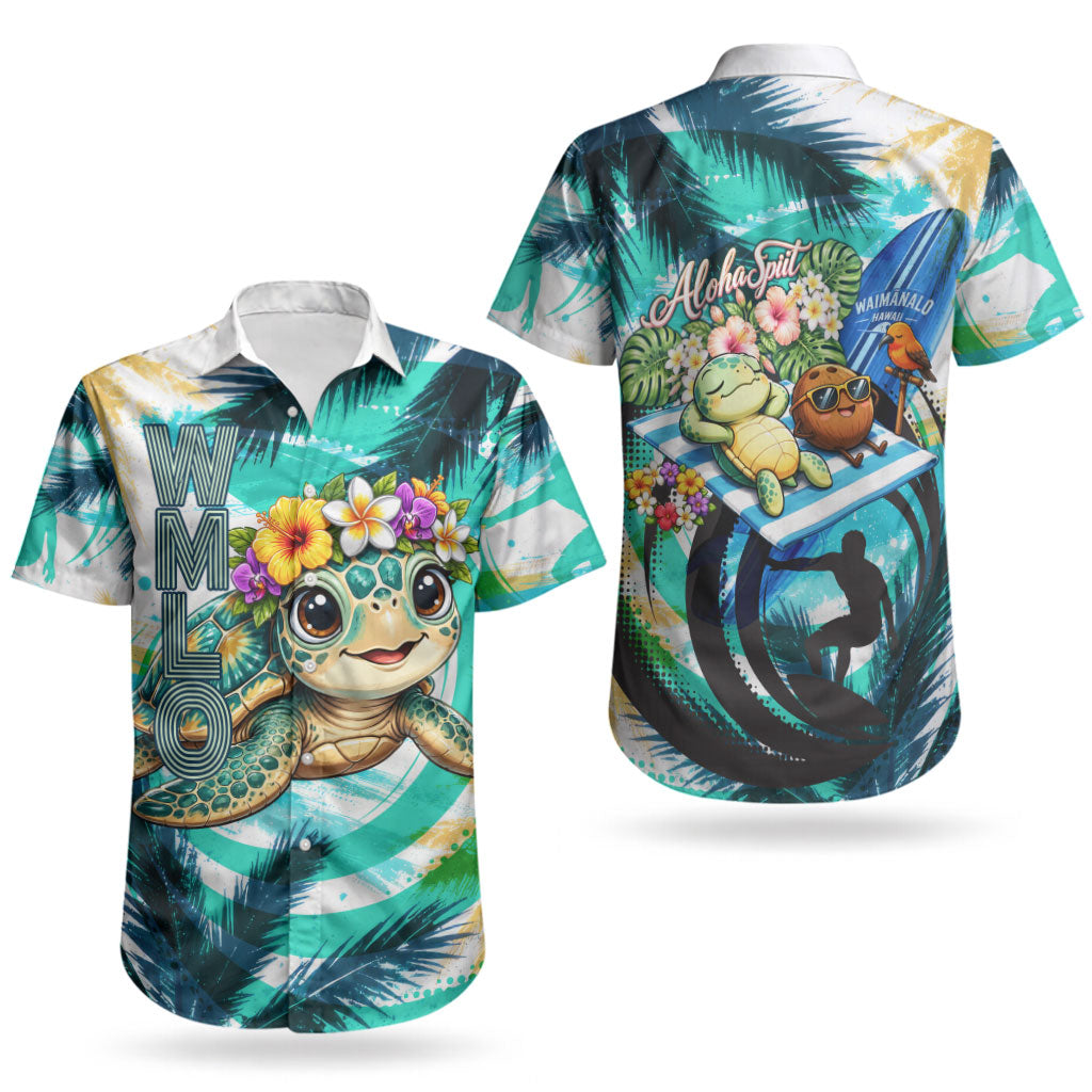 Hawaii Waimanalo Sea Turtle Couples Matching Off Shoulder Maxi Dress and Hawaiian Shirt Cute Tropical Beach Aloha Spirit Cartoon