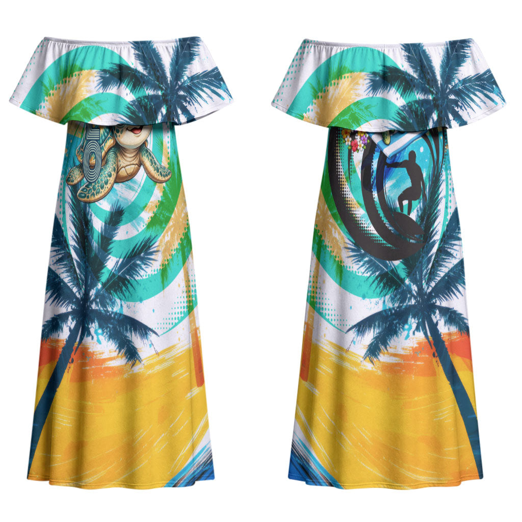 Hawaii Waimanalo Sea Turtle Couples Matching Off Shoulder Maxi Dress and Long Sleeve Button Shirt Cute Tropical Beach Aloha Spirit Cartoon