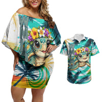 Hawaii Waimanalo Sea Turtle Couples Matching Off Shoulder Short Dress and Hawaiian Shirt Cute Tropical Beach Aloha Spirit Cartoon