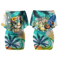 Hawaii Waimanalo Sea Turtle Couples Matching Off Shoulder Short Dress and Hawaiian Shirt Cute Tropical Beach Aloha Spirit Cartoon