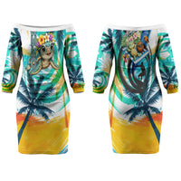 Hawaii Waimanalo Sea Turtle Couples Matching Off The Shoulder Long Sleeve Dress and Long Sleeve Button Shirt Cute Tropical Beach Aloha Spirit Cartoon