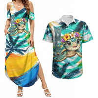 Hawaii Waimanalo Sea Turtle Couples Matching Summer Maxi Dress and Hawaiian Shirt Cute Tropical Beach Aloha Spirit Cartoon