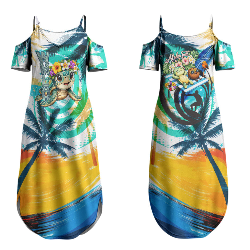 Hawaii Waimanalo Sea Turtle Couples Matching Summer Maxi Dress and Hawaiian Shirt Cute Tropical Beach Aloha Spirit Cartoon