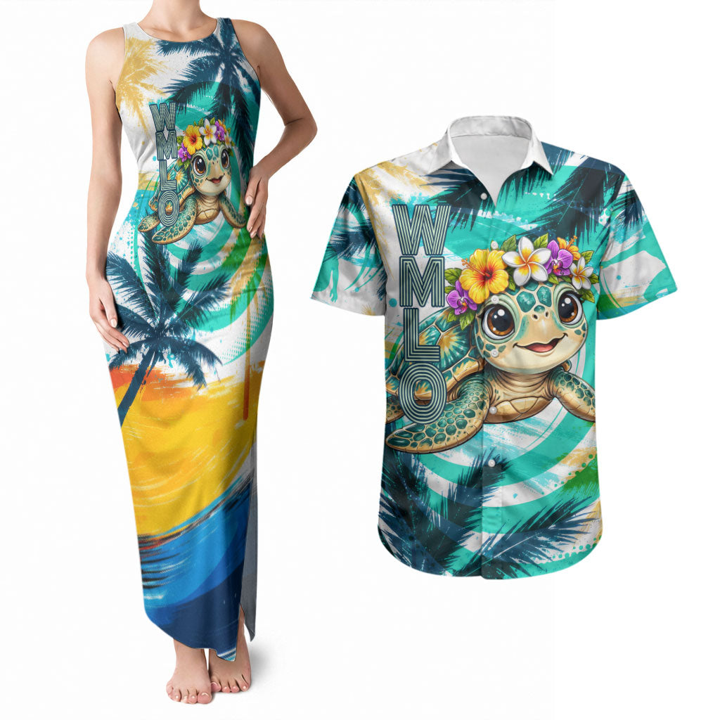 Hawaii Waimanalo Sea Turtle Couples Matching Tank Maxi Dress and Hawaiian Shirt Cute Tropical Beach Aloha Spirit Cartoon