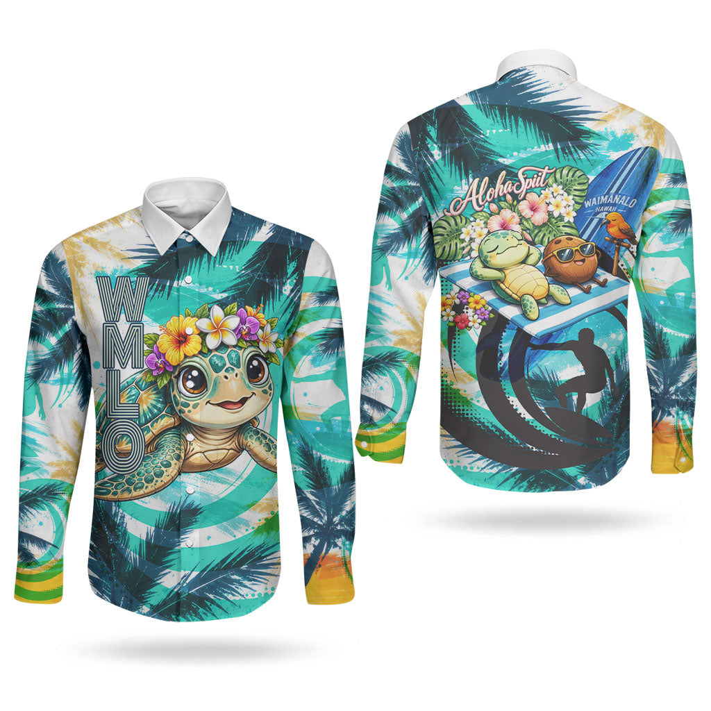 Hawaii Waimanalo Sea Turtle Couples Matching Tank Maxi Dress and Long Sleeve Button Shirt Cute Tropical Beach Aloha Spirit Cartoon
