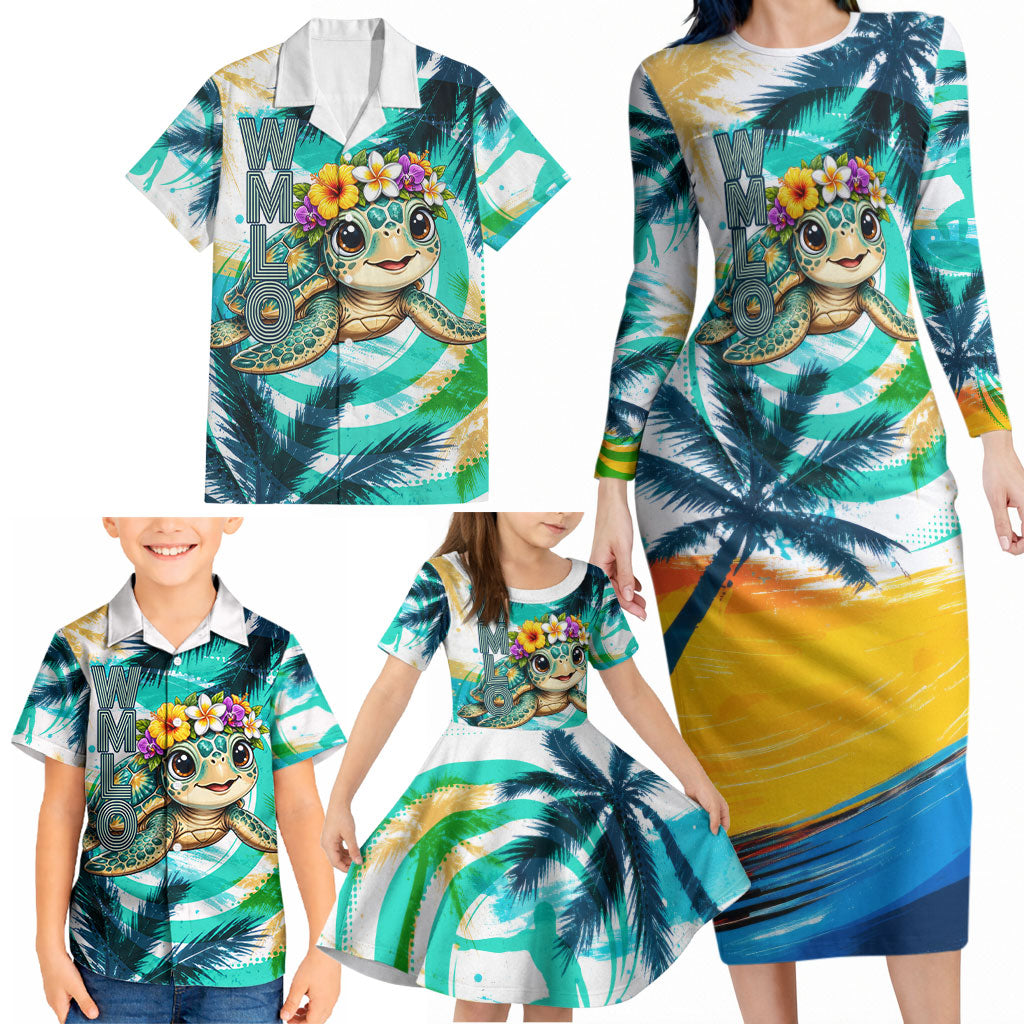 Hawaii Waimanalo Sea Turtle Family Matching Long Sleeve Bodycon Dress and Hawaiian Shirt Cute Tropical Beach Aloha Spirit Cartoon TS04 - Polynesian Pride