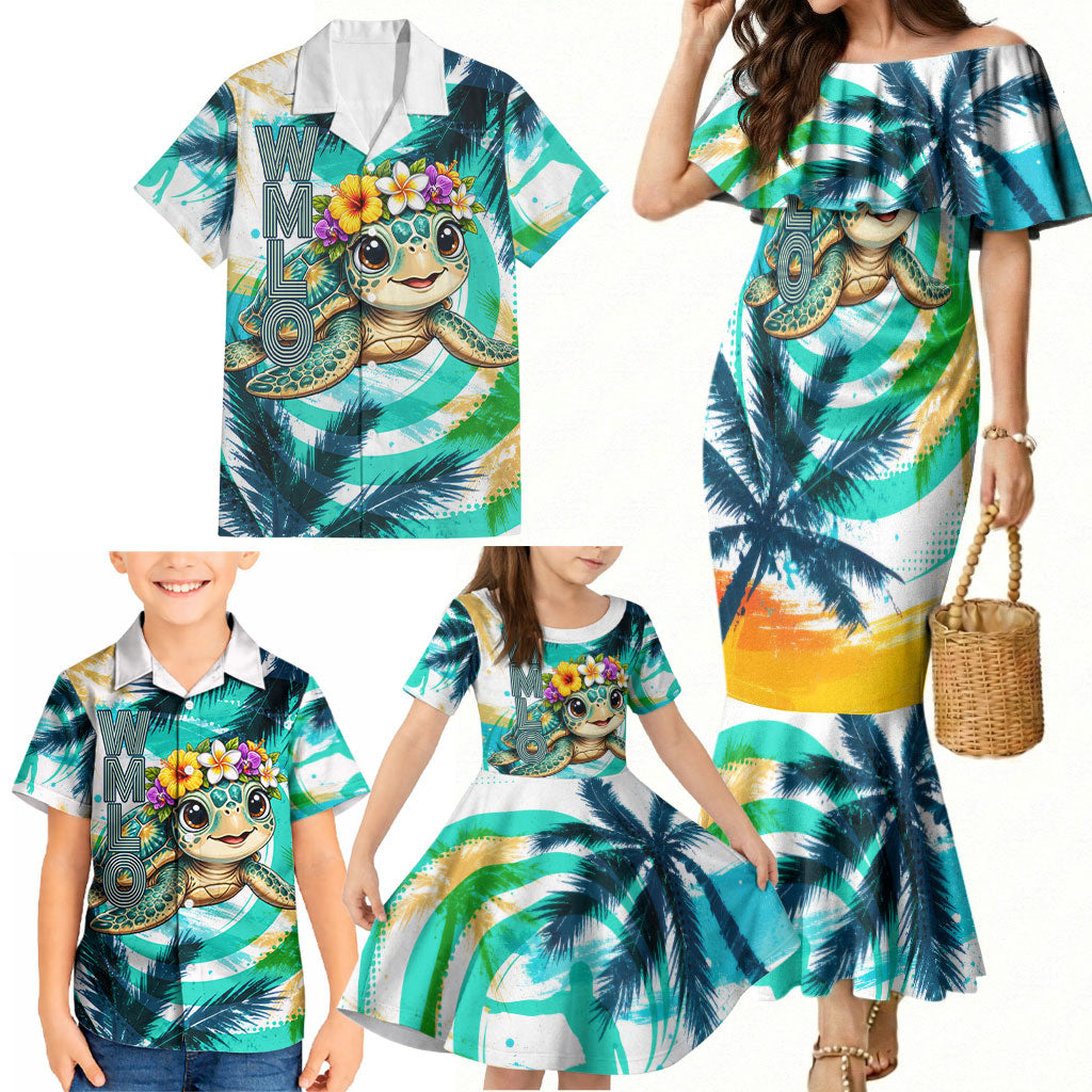 Hawaii Waimanalo Sea Turtle Family Matching Mermaid Dress and Hawaiian Shirt Cute Tropical Beach Aloha Spirit Cartoon