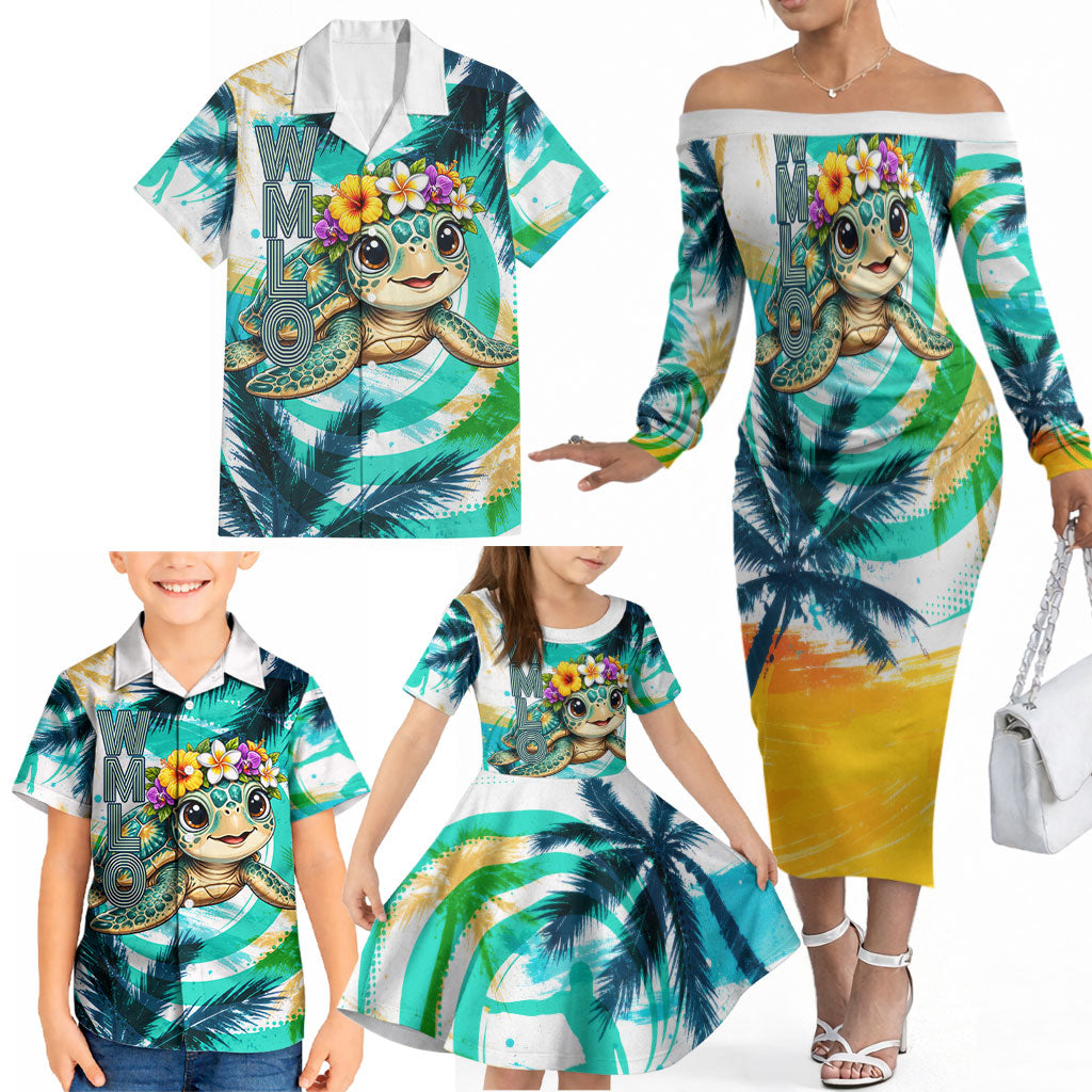Hawaii Waimanalo Sea Turtle Family Matching Off The Shoulder Long Sleeve Dress and Hawaiian Shirt Cute Tropical Beach Aloha Spirit Cartoon TS04 - Polynesian Pride