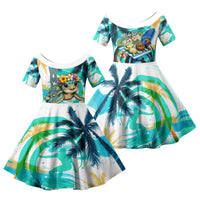 Hawaii Waimanalo Sea Turtle Family Matching Off The Shoulder Long Sleeve Dress and Hawaiian Shirt Cute Tropical Beach Aloha Spirit Cartoon