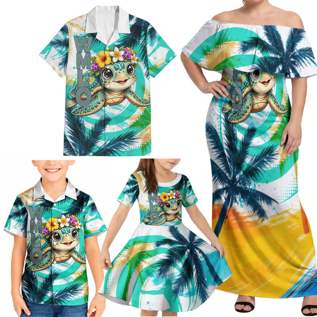 Hawaii Waimanalo Sea Turtle Family Matching Off Shoulder Maxi Dress and Hawaiian Shirt Cute Tropical Beach Aloha Spirit Cartoon