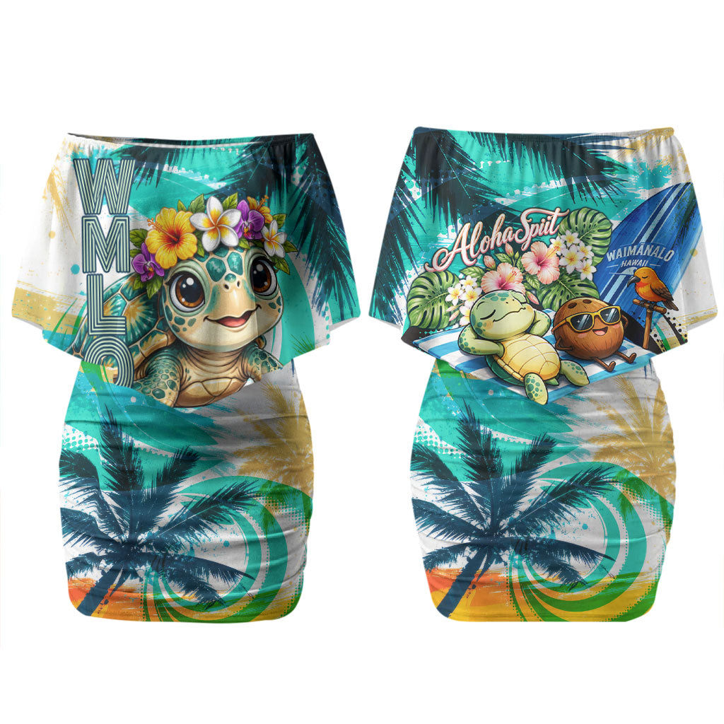 Hawaii Waimanalo Sea Turtle Family Matching Off Shoulder Short Dress and Hawaiian Shirt Cute Tropical Beach Aloha Spirit Cartoon