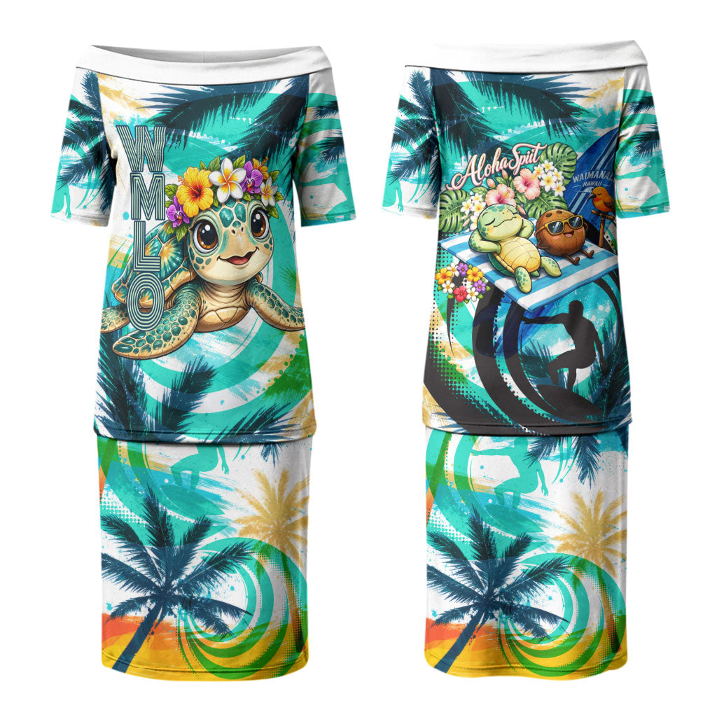 Hawaii Waimanalo Sea Turtle Family Matching Puletasi and Hawaiian Shirt Cute Tropical Beach Aloha Spirit Cartoon