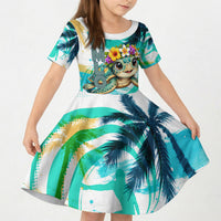 Hawaii Waimanalo Sea Turtle Kid Short Sleeve Dress Cute Tropical Beach Aloha Spirit Cartoon