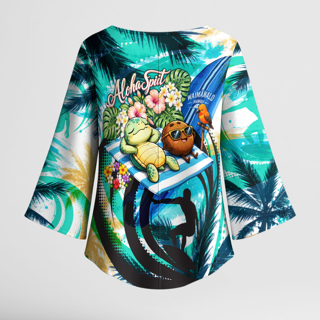 Hawaii Waimanalo Sea Turtle Kimono Sleeve Blouse Cute Tropical Beach Aloha Spirit Cartoon