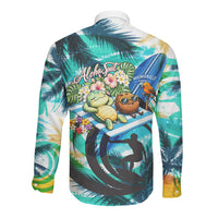 Hawaii Waimanalo Sea Turtle Long Sleeve Button Shirt Cute Tropical Beach Aloha Spirit Cartoon