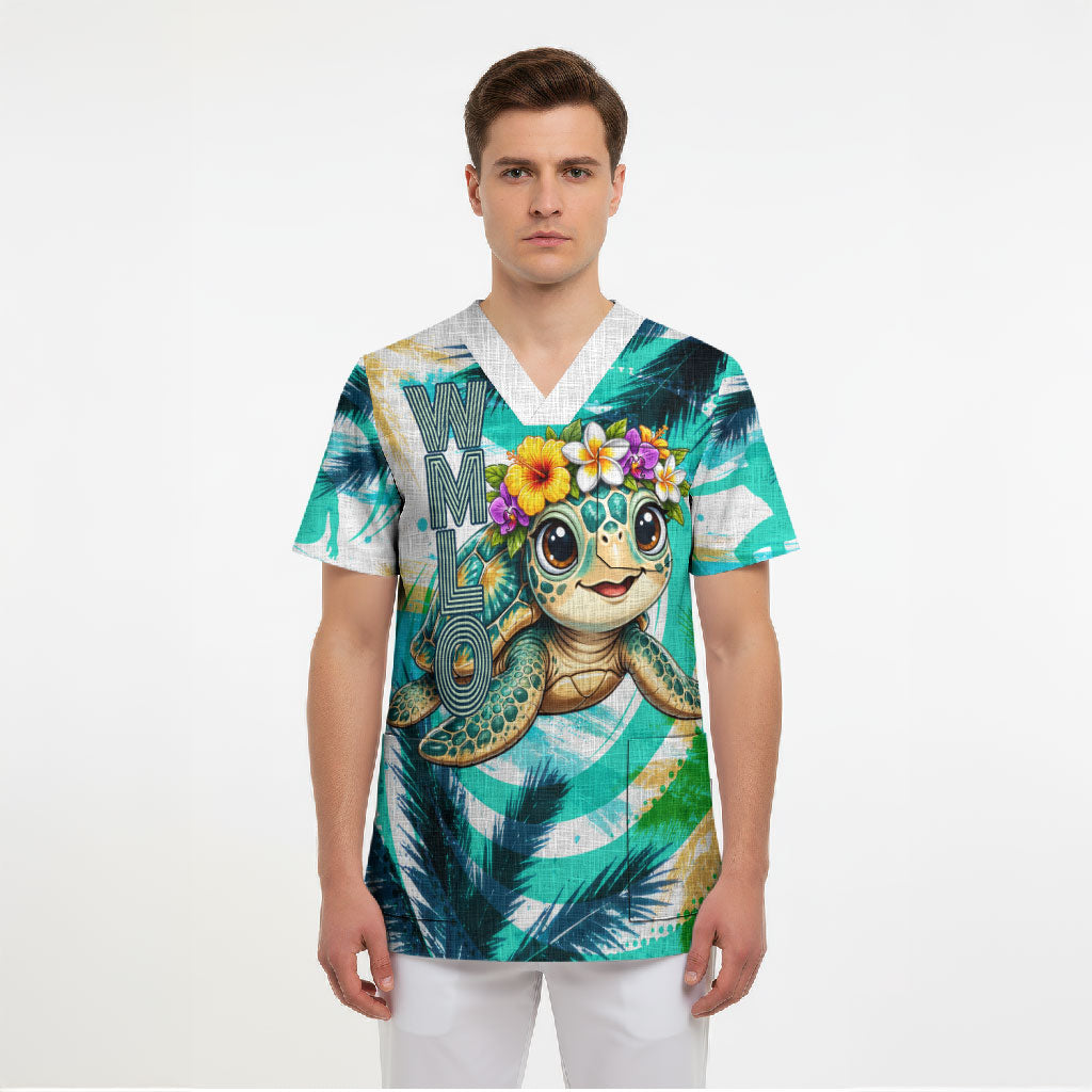 Hawaii Waimanalo Sea Turtle Scrub Top Cute Tropical Beach Aloha Spirit Cartoon