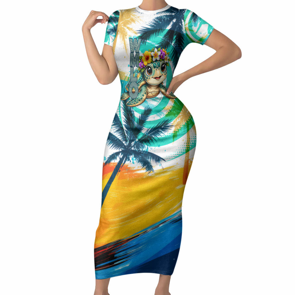 Hawaii Waimanalo Sea Turtle Short Sleeve Bodycon Dress Cute Tropical Beach Aloha Spirit Cartoon