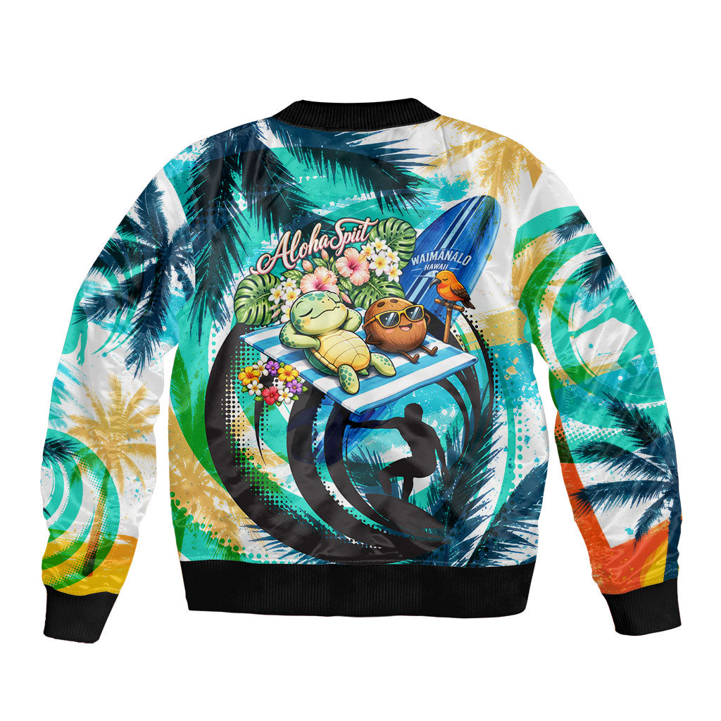 Hawaii Waimanalo Sea Turtle Sleeve Zip Bomber Jacket Cute Tropical Beach Aloha Spirit Cartoon