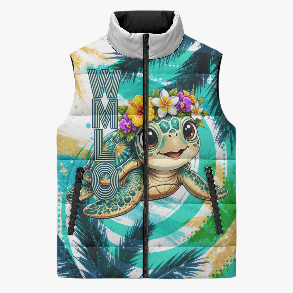 Hawaii Waimanalo Sea Turtle Sleeveless Puffer Jacket Cute Tropical Beach Aloha Spirit Cartoon