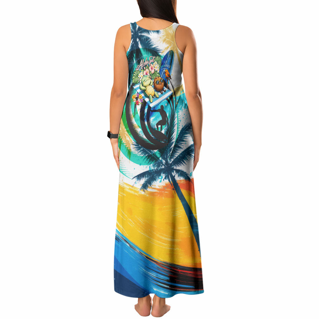 Hawaii Waimanalo Sea Turtle Tank Maxi Dress Cute Tropical Beach Aloha Spirit Cartoon