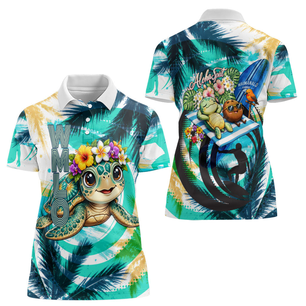 Hawaii Waimanalo Sea Turtle Women Polo Shirt Cute Tropical Beach Aloha Spirit Cartoon