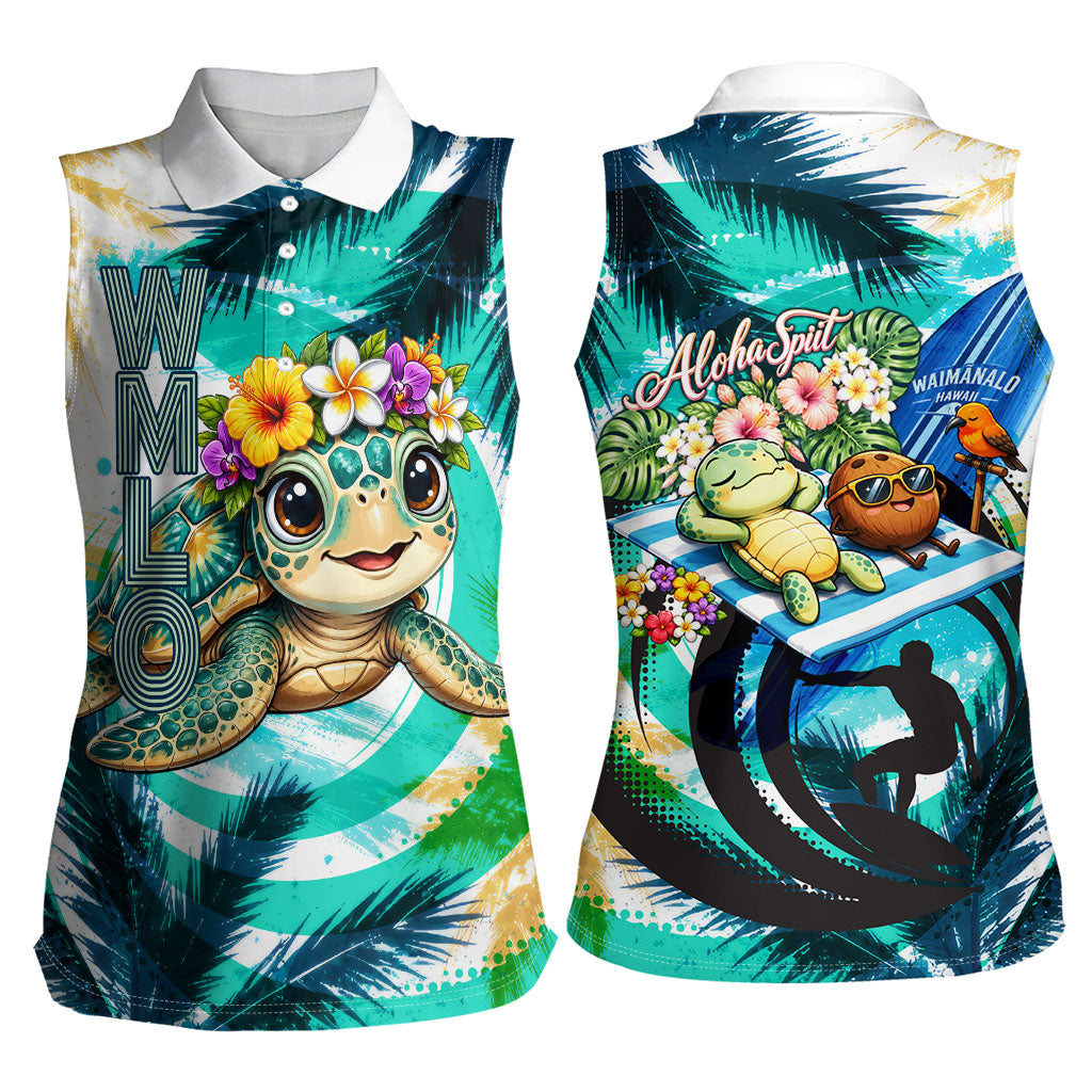 Hawaii Waimanalo Sea Turtle Women Sleeveless Polo Shirt Cute Tropical Beach Aloha Spirit Cartoon