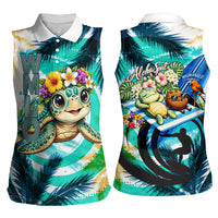 Hawaii Waimanalo Sea Turtle Women Sleeveless Polo Shirt Cute Tropical Beach Aloha Spirit Cartoon