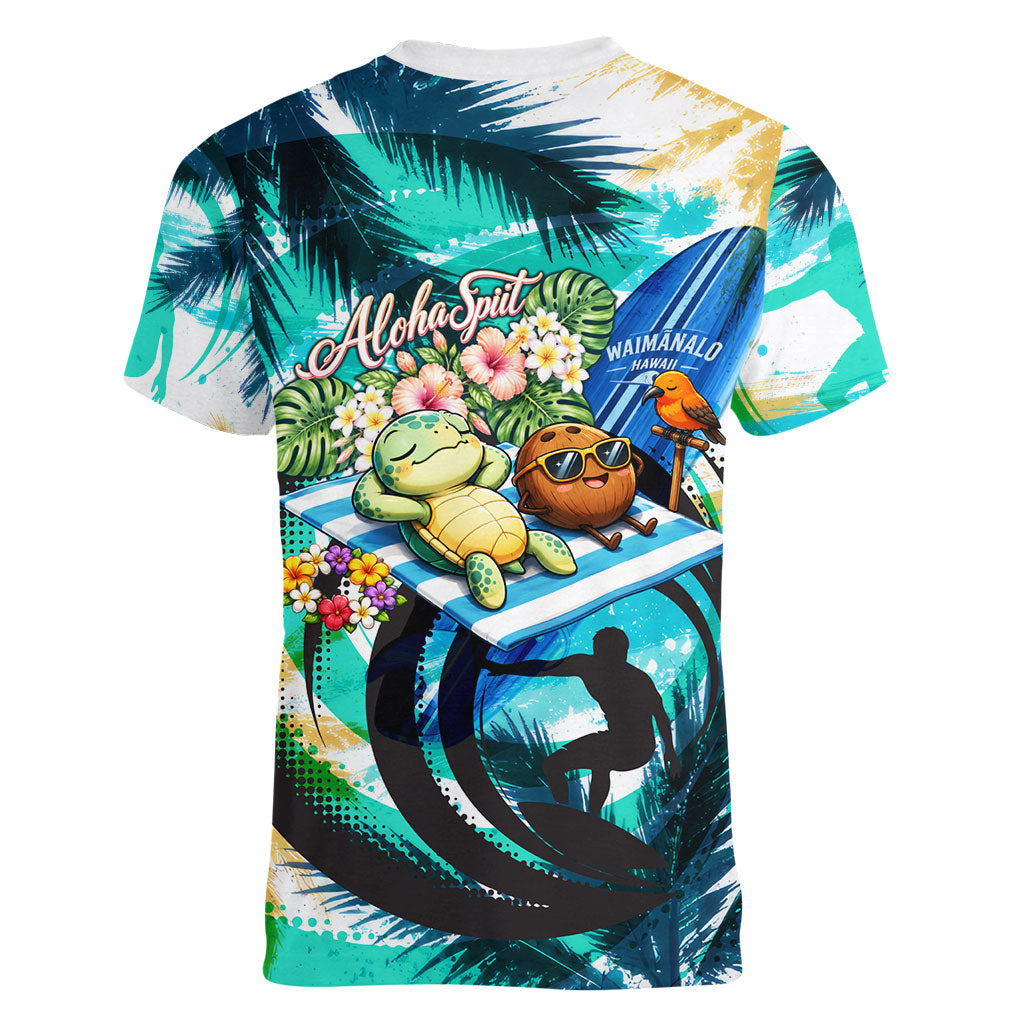 Hawaii Waimanalo Sea Turtle Women V-Neck T-Shirt Cute Tropical Beach Aloha Spirit Cartoon