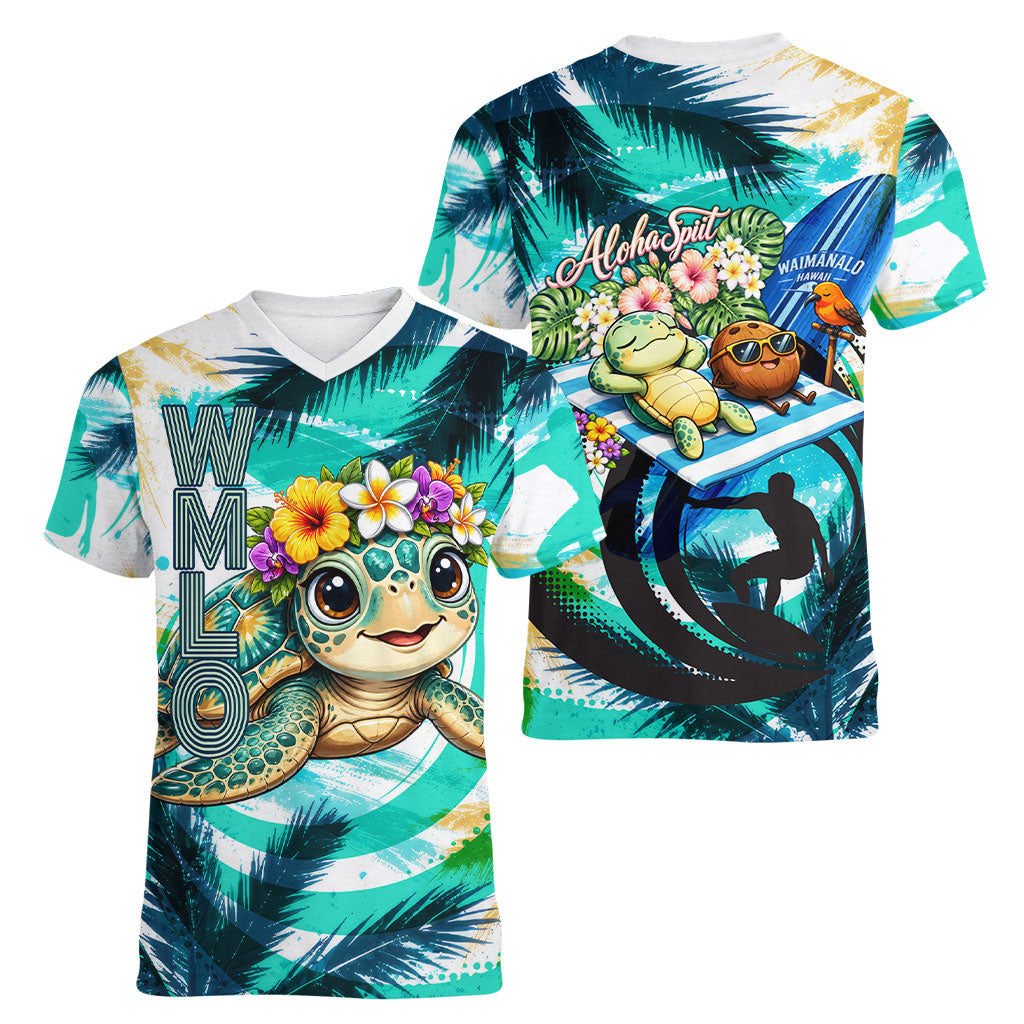 Hawaii Waimanalo Sea Turtle Women V-Neck T-Shirt Cute Tropical Beach Aloha Spirit Cartoon