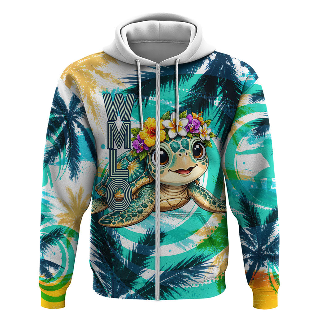 Hawaii Waimanalo Sea Turtle Zip Hoodie Cute Tropical Beach Aloha Spirit Cartoon TS04 Zip Hoodie Green Blue - Polynesian Pride
