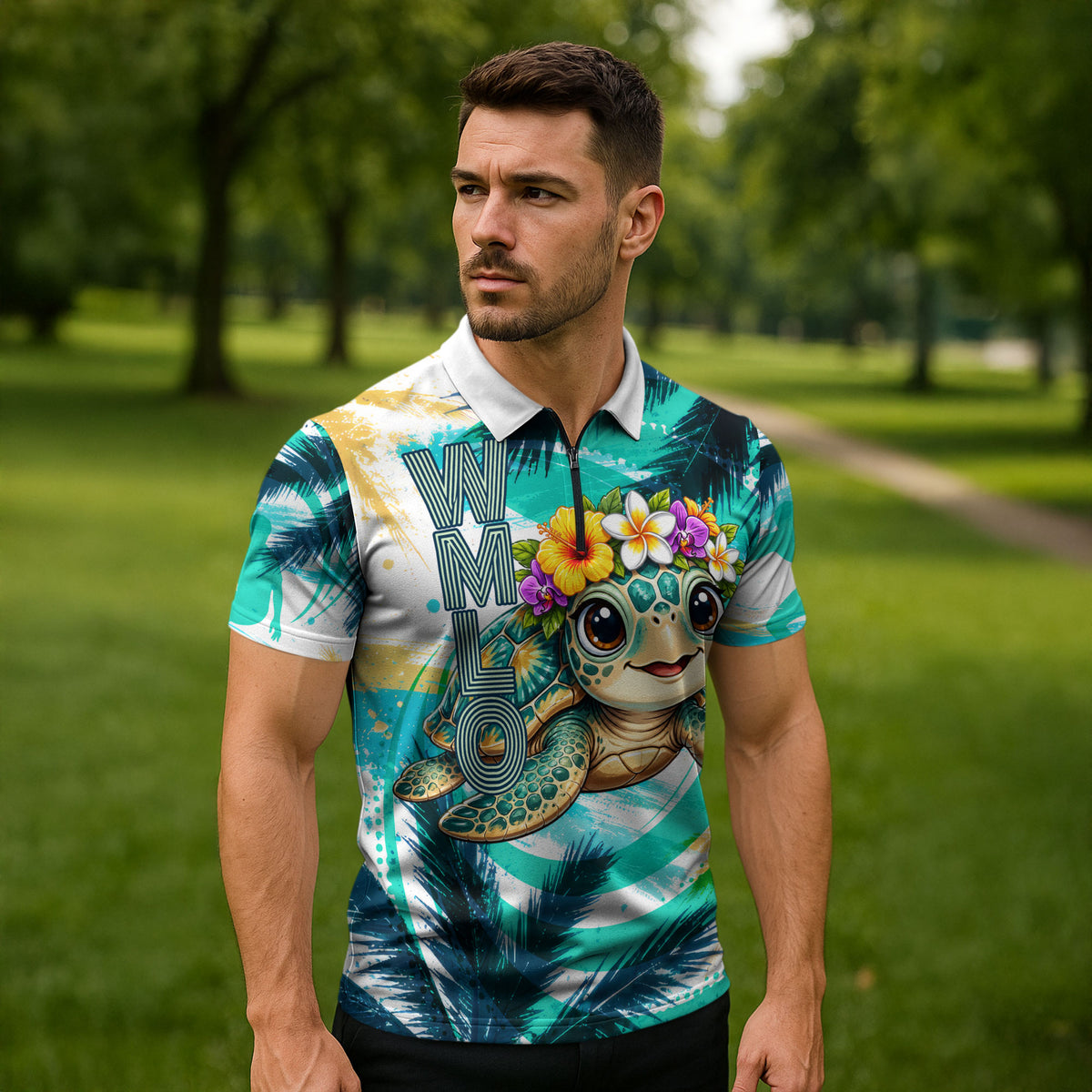 Hawaii Waimanalo Sea Turtle Zipper Polo Shirt Cute Tropical Beach Aloha Spirit Cartoon