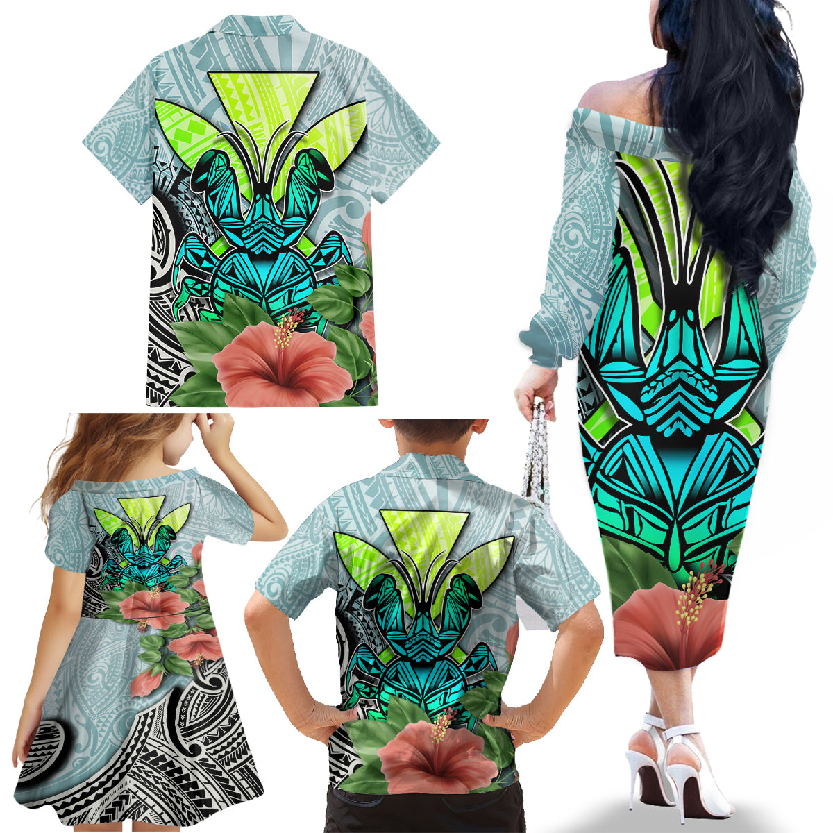 Polynesian Hawaii Family Matching Off Shoulder Long Sleeve Dress and Hawaiian Shirt Kanaka with Crab Tribal tattoo TS04 - Polynesian Pride
