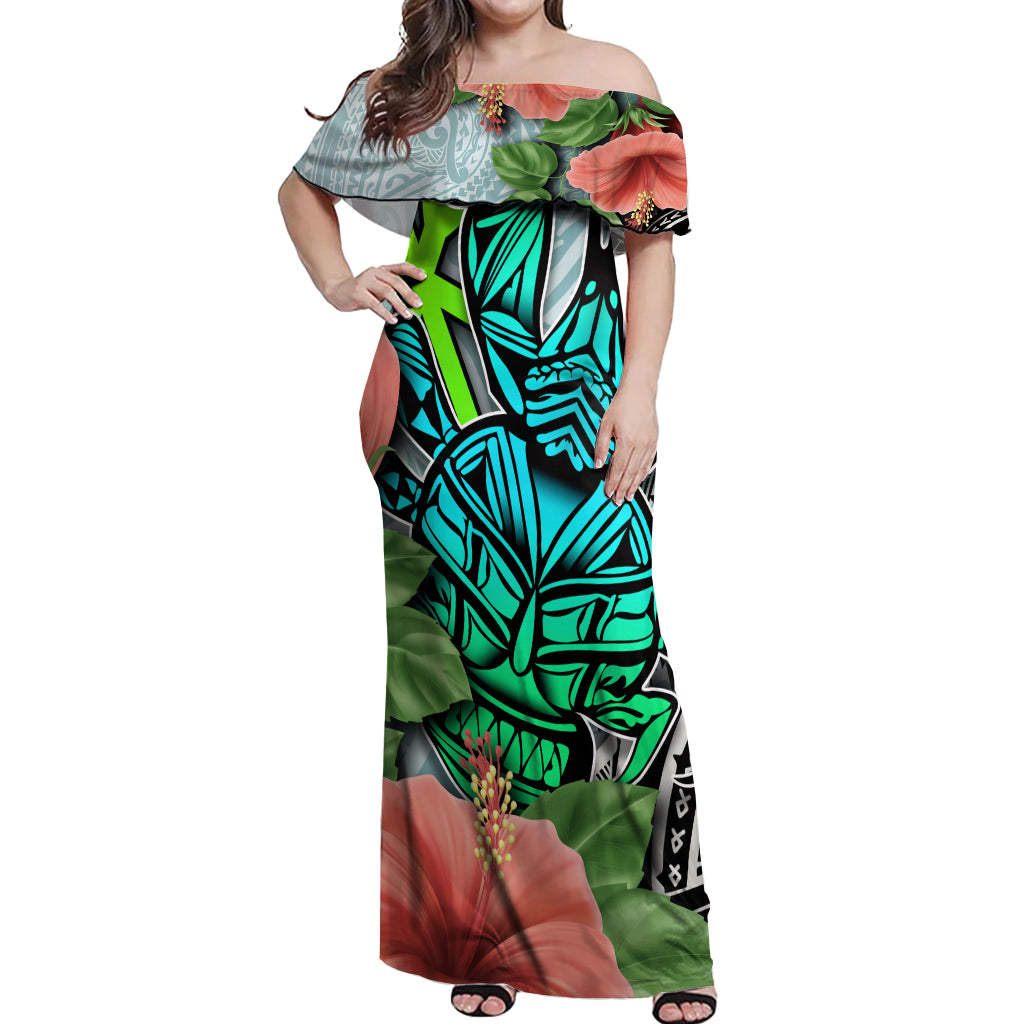 Polynesian Hawaii Off Shoulder Maxi Dress Kanaka with Crab Tribal tattoo TS04 Women Multicolor - Polynesian Pride