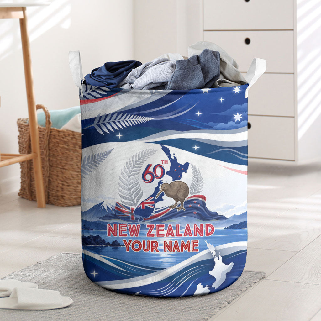 Personalized New Zealand 60th Birthday Laundry Basket Silver Fern Kiwi Bird Coat Of Arms Flag Graphic Art TS04 Blue White - Polynesian Pride