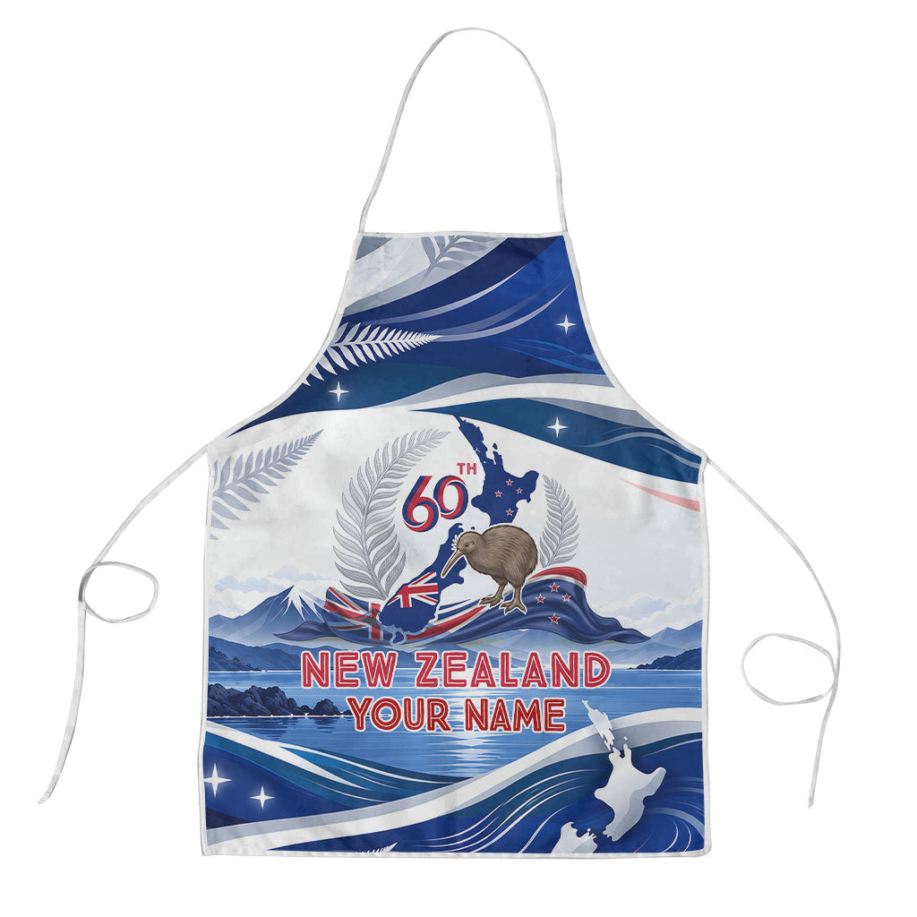 Personalized New Zealand 60th Birthday Apron Silver Fern Kiwi Bird Coat Of Arms Flag Graphic Art TS04 Blue White - Polynesian Pride