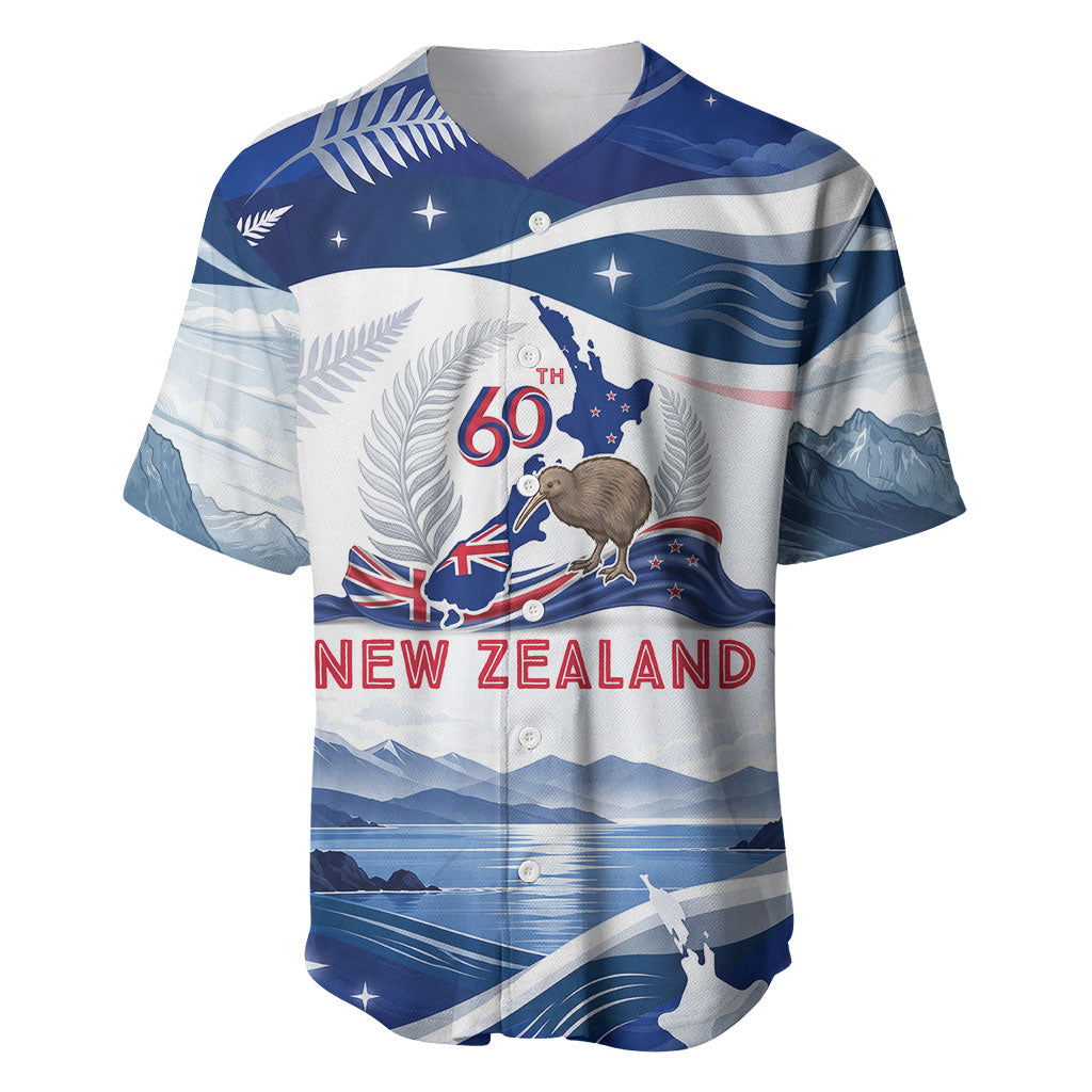 Personalized New Zealand 60th Birthday Baseball Jersey Silver Fern Kiwi Bird Coat Of Arms Flag Graphic Art