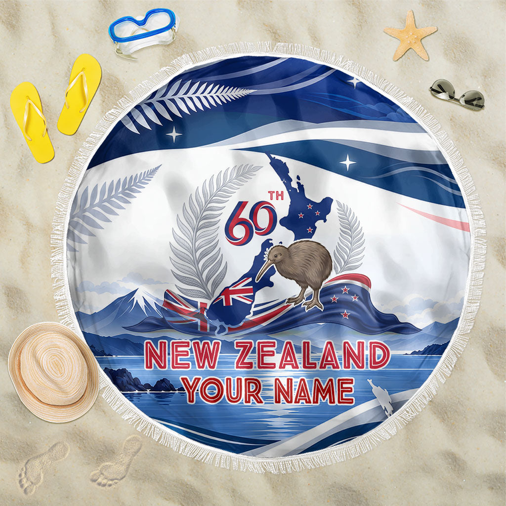 Personalized New Zealand 60th Birthday Beach Blanket Silver Fern Kiwi Bird Coat Of Arms Flag Graphic Art TS04 One Size 150cm Blue White - Polynesian Pride