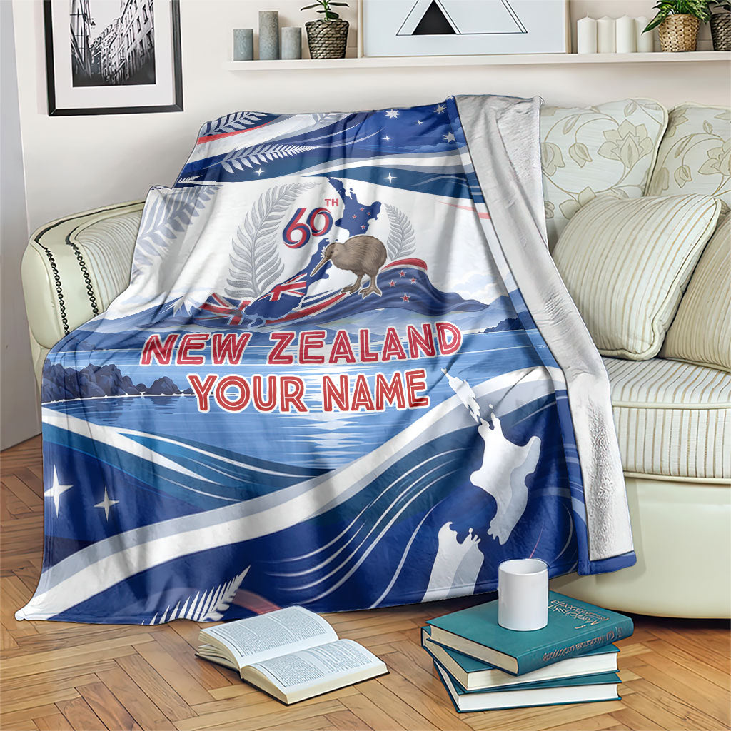Personalized New Zealand 60th Birthday Blanket Silver Fern Kiwi Bird Coat Of Arms Flag Graphic Art TS04 Blue White - Polynesian Pride