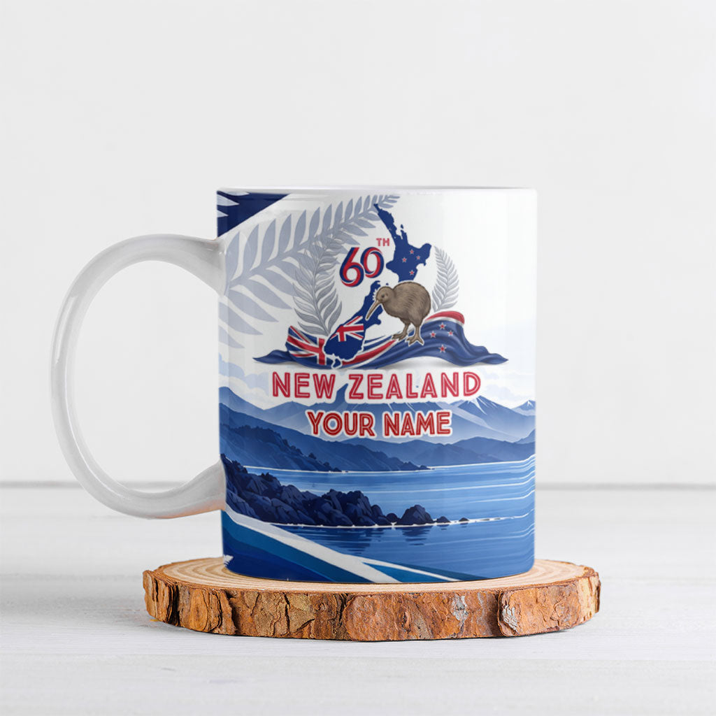 Personalized New Zealand 60th Birthday Ceramic Mug Silver Fern Kiwi Bird Coat Of Arms Flag Graphic Art TS04 Blue White - Polynesian Pride
