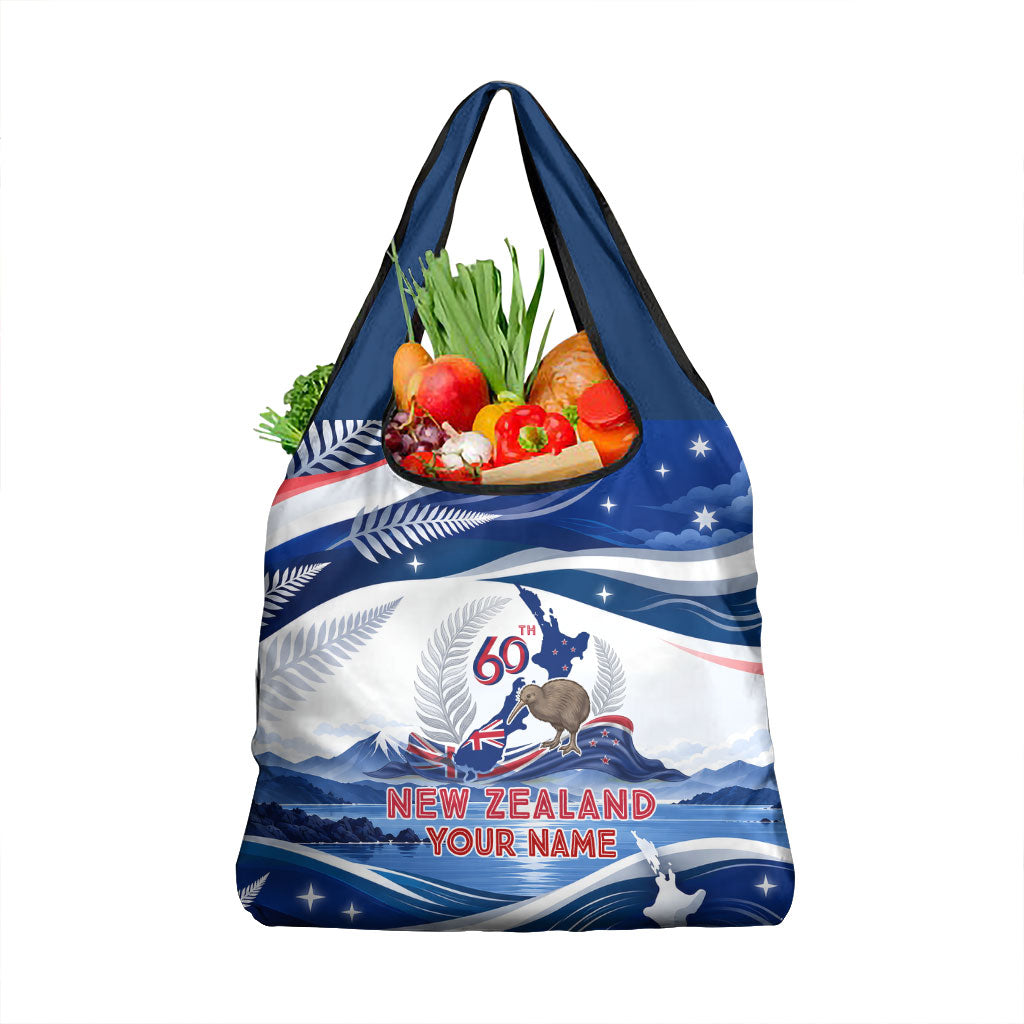 Personalized New Zealand 60th Birthday Grocery Bag Silver Fern Kiwi Bird Coat Of Arms Flag Graphic Art