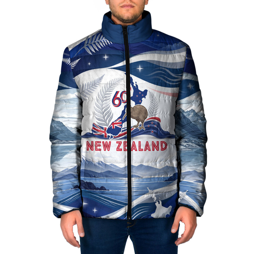 Personalized New Zealand 60th Birthday Padded Jacket Silver Fern Kiwi Bird Coat Of Arms Flag Graphic Art TS04 Men Blue White - Polynesian Pride