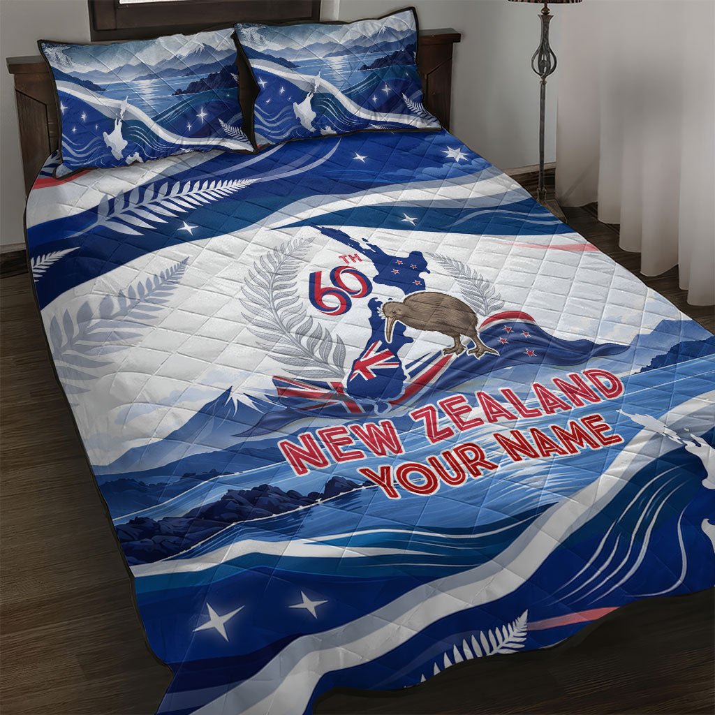 Personalized New Zealand 60th Birthday Quilt Bed Set Silver Fern Kiwi Bird Coat Of Arms Flag Graphic Art TS04 Blue White - Polynesian Pride