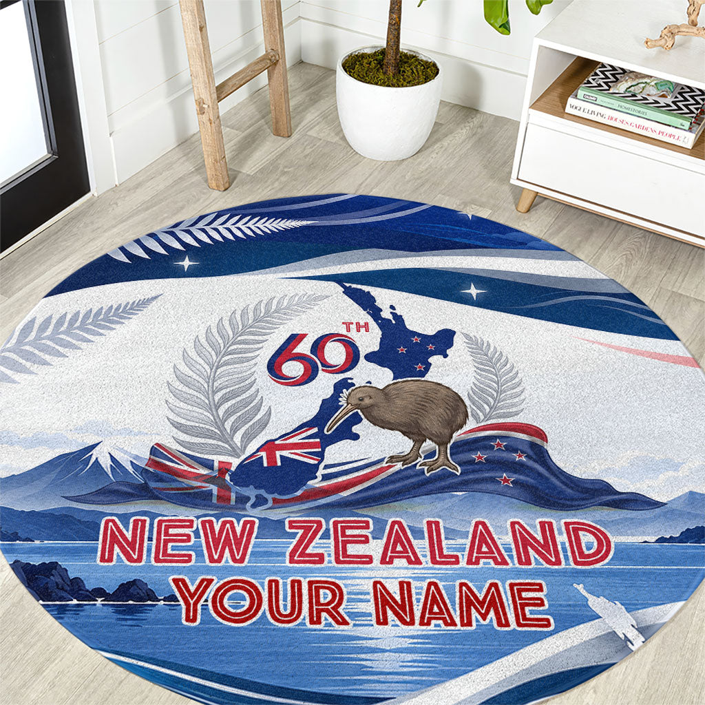 Personalized New Zealand 60th Birthday Round Carpet Silver Fern Kiwi Bird Coat Of Arms Flag Graphic Art