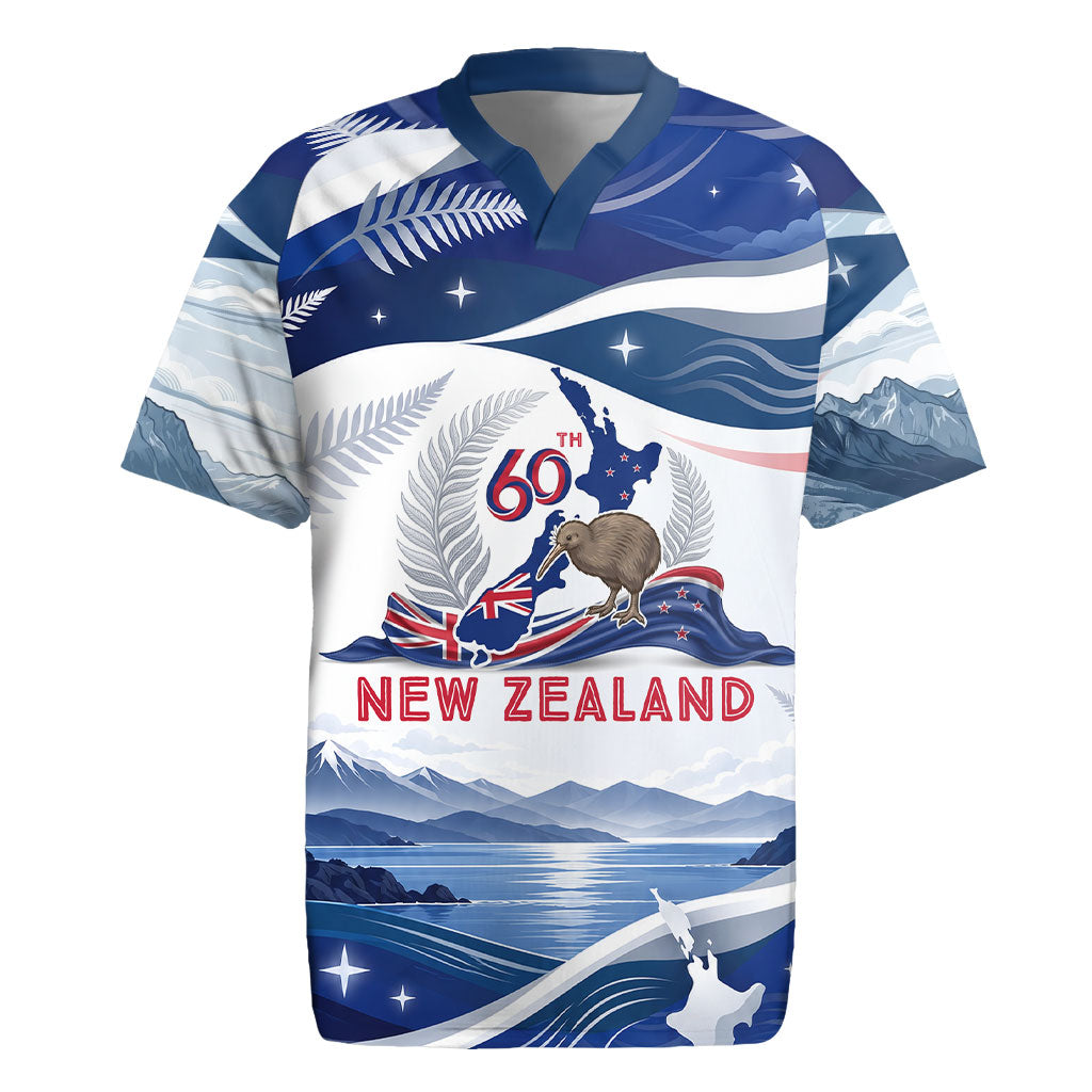 Personalized New Zealand 60th Birthday Rugby Jersey Silver Fern Kiwi Bird Coat Of Arms Flag Graphic Art