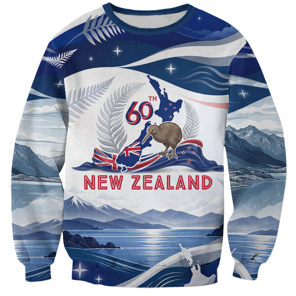 Personalized New Zealand 60th Birthday Sweatshirt Silver Fern Kiwi Bird Coat Of Arms Flag Graphic Art TS04 Unisex Blue White - Polynesian Pride