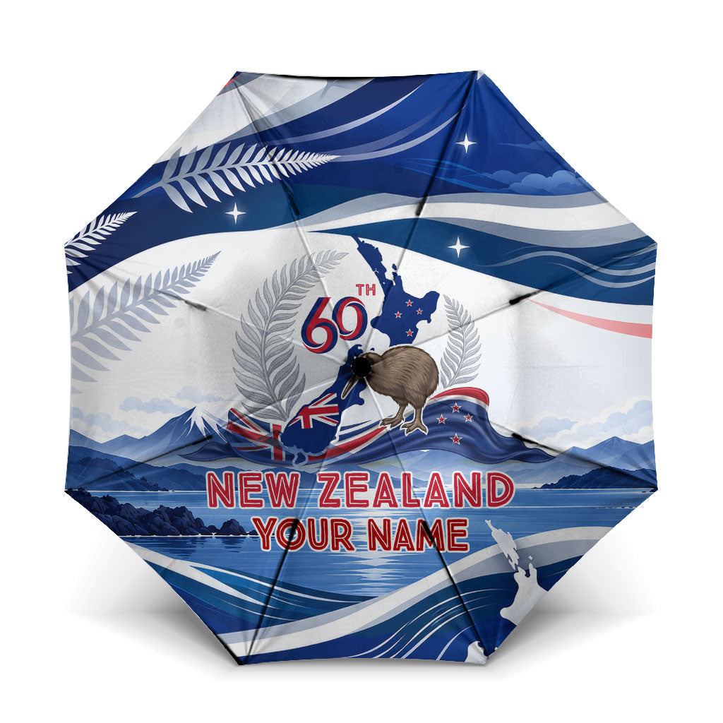 Personalized New Zealand 60th Birthday Umbrella Silver Fern Kiwi Bird Coat Of Arms Flag Graphic Art TS04 One Size Folded 11.42 inch Opened Diameter 37.4 inch Blue White - Polynesian Pride